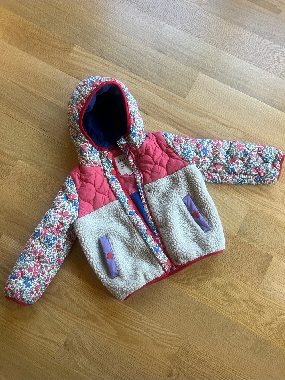 Mini Boden Pink, Cream and Purple Floral Patchwork Hooded Puffer Jacket